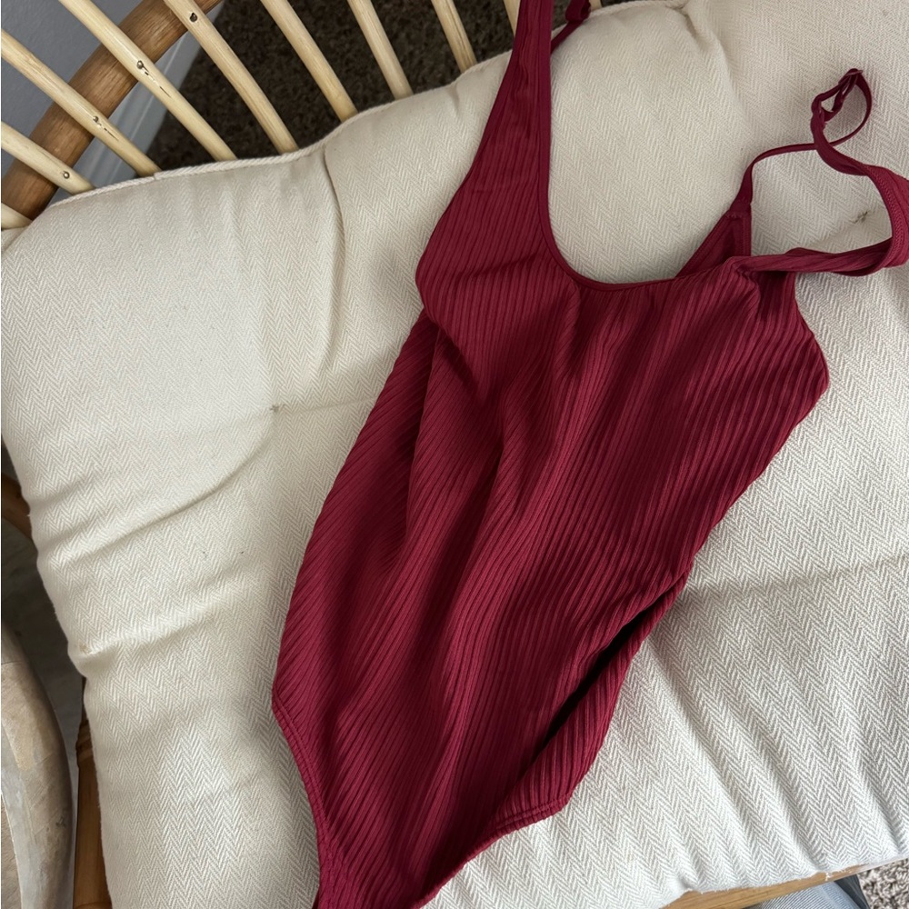 Aerie Superchill Ribbed Bodysuit Burgundy XS Adjustable Straps